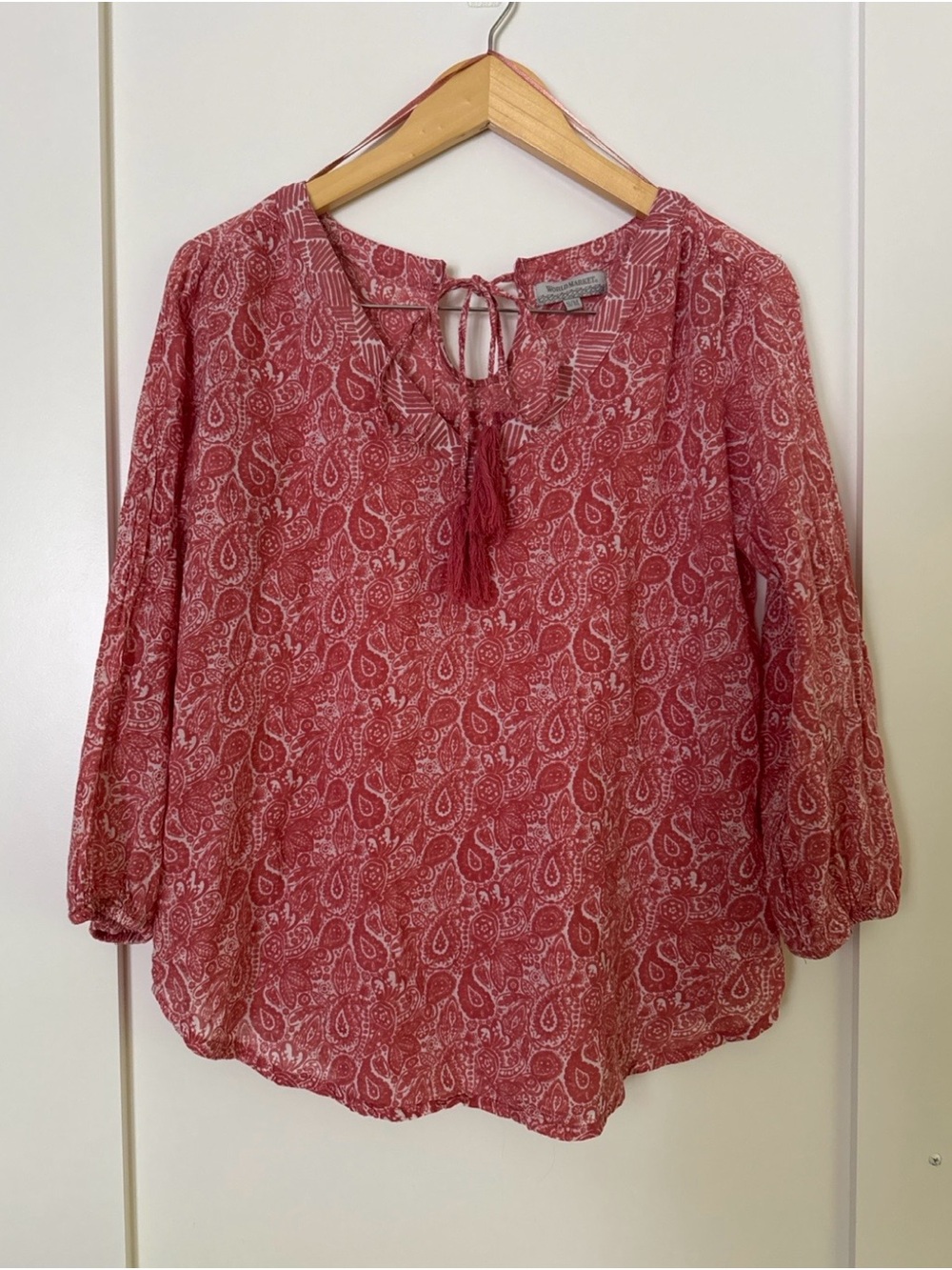 World Market Pink/Coral Boho Paisley Gauze Cotton Peasant Top S/M